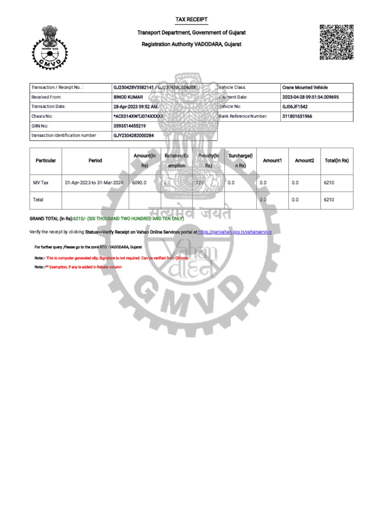 Tax Receipt Transport Department, Government of Gujarat Registration