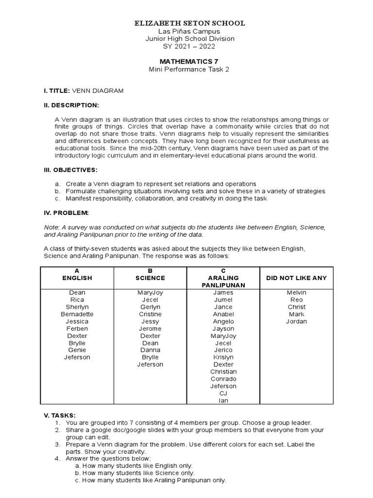 Mini Performance Task 2 Venn Diagram Pdf Rubric Academic Cognition