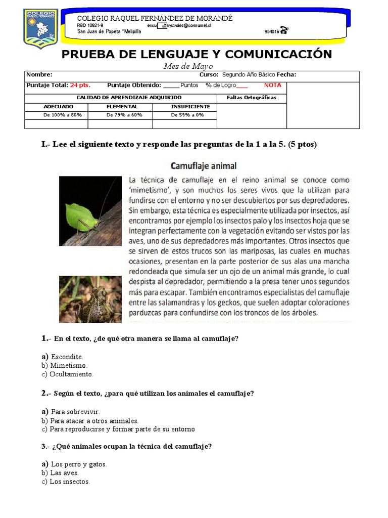 Prueba de Lenguaje 2° Básico - Mayo | PDF | Mimetismo