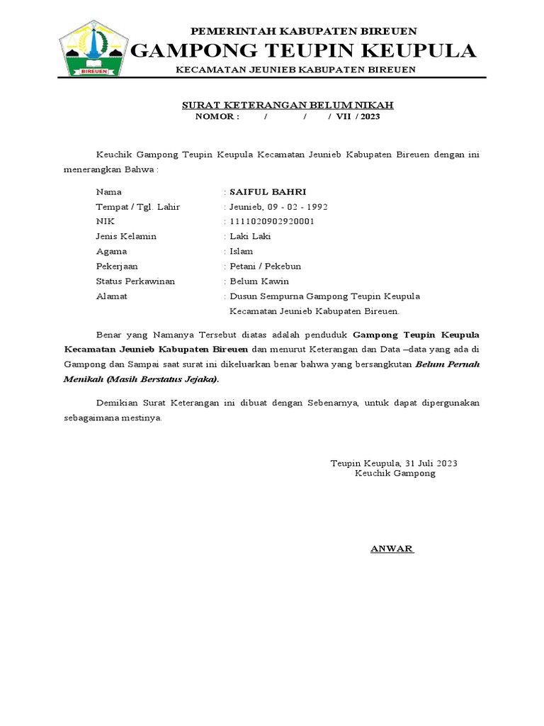 Surat Keterangan Belum Nikah PDF