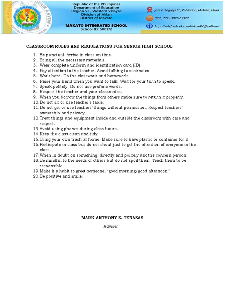 Classroom Rules and Regulations For Senior High School | PDF