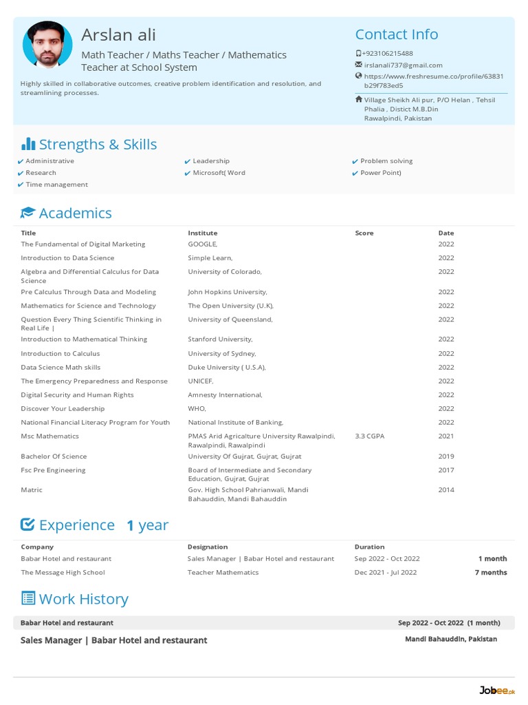 Mathematics Teacher Resume Overview | PDF | Mathematics | Science