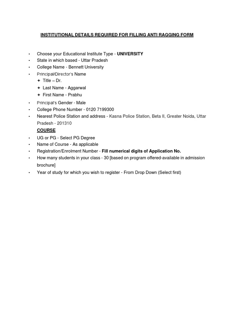 Anti Ragging Form Details for Bennett University | PDF