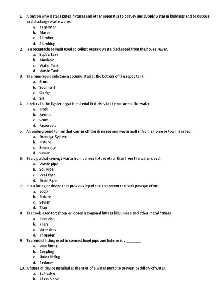 Practice test plumbing pdf plumbing chemical engineering