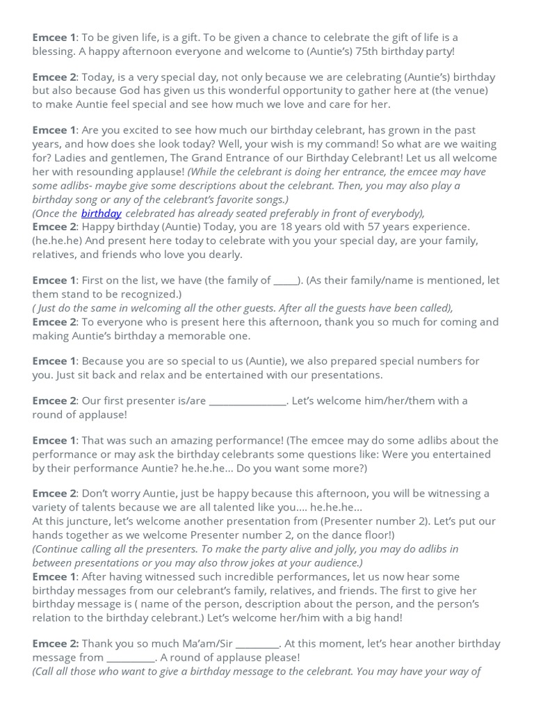 75th Birthday Party Emcee Script | PDF | Language Arts & Discipline ...