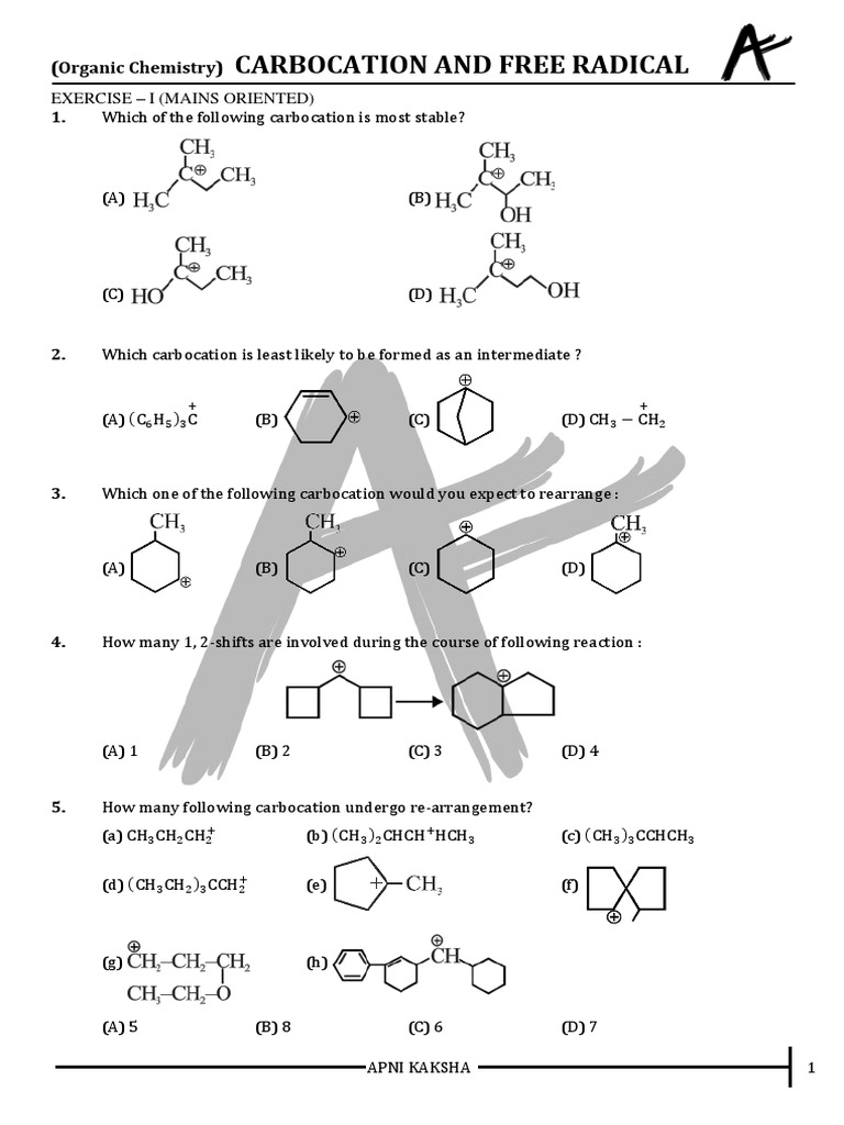 Sheet 01 Carbocation Free Radical PDF Chemical Reactions