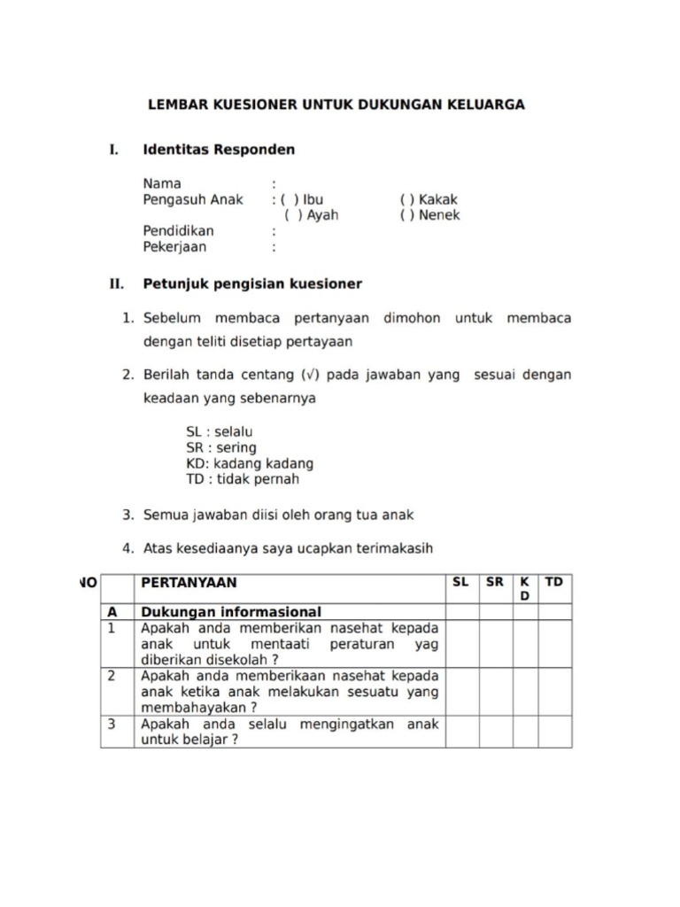 Kuisioner Dukungan Keluarga | PDF
