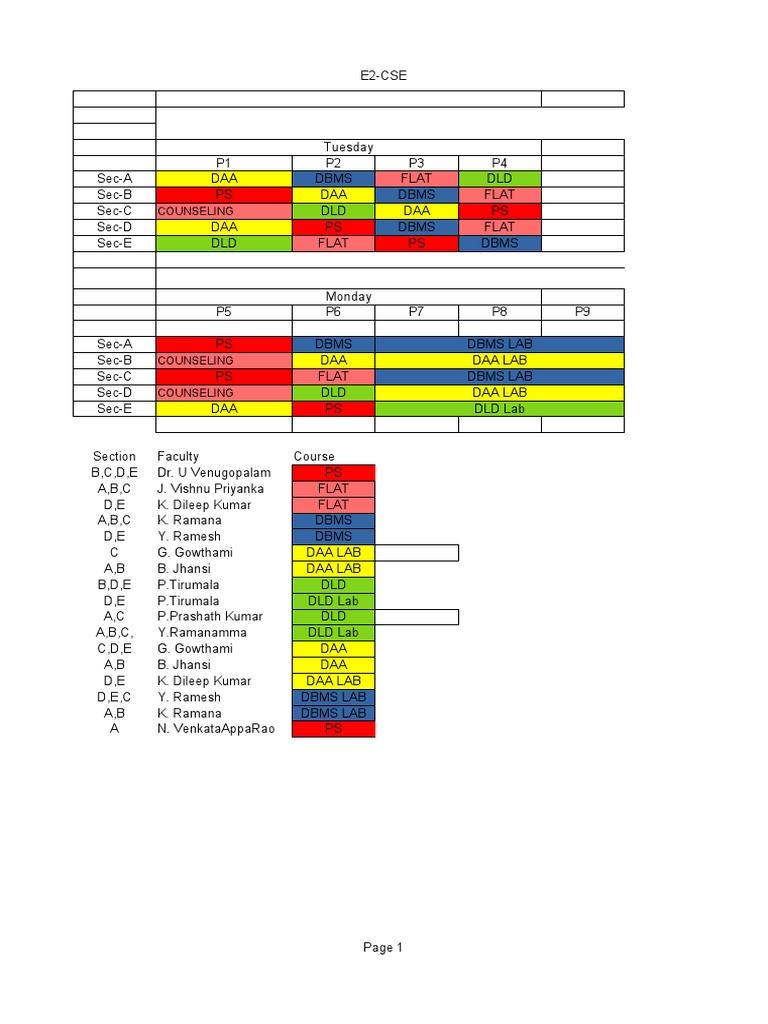 CSE - E1 &E2 Sem1 Time Table | PDF | Algorithms | Mathematical Analysis
