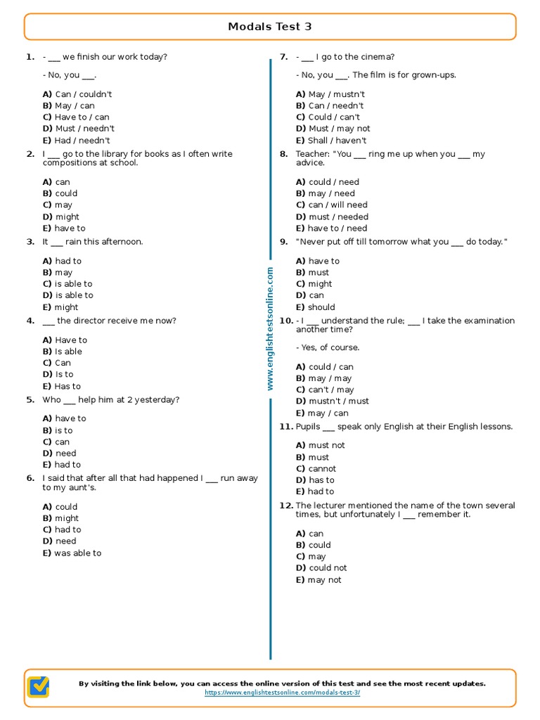 Modals Test 3: Practice Questions | PDF