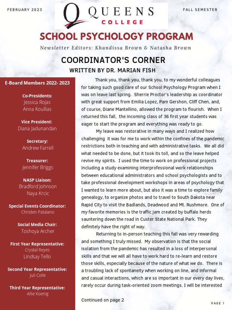 QC Fall 2022 Newsletter PDF School Psychology Psychology