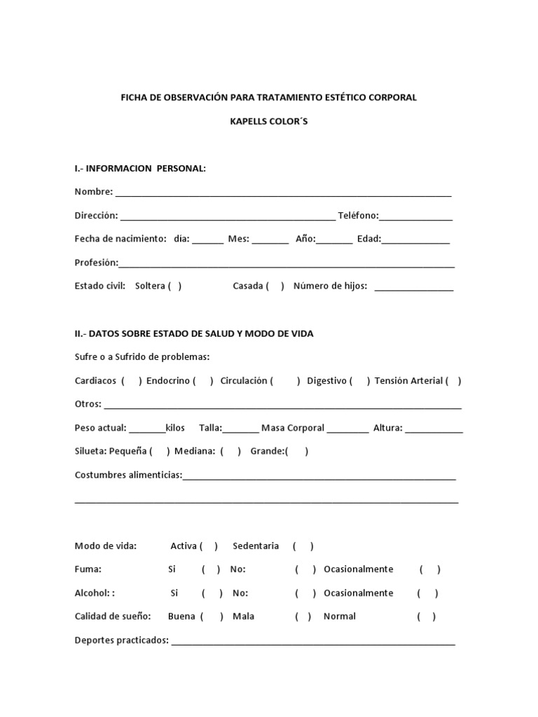 FICHA DE OBSERVACIÓN PARA TRATAMIENTO ESTÉTICO CORPORAL