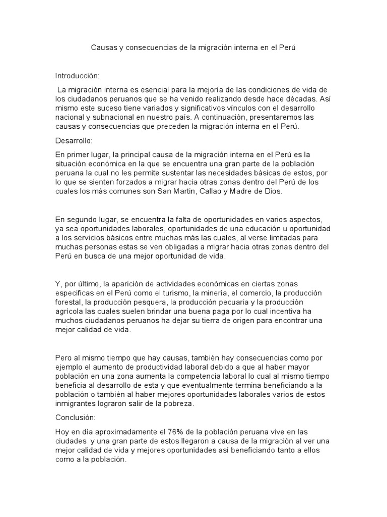 Causas y Consecuencias de La Migración Interna en El Perú | PDF