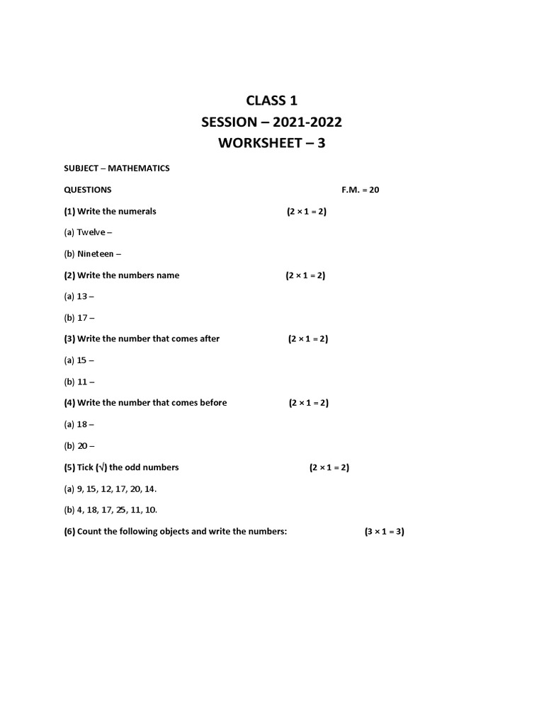 Class 1 Worksheet 3 PDF
