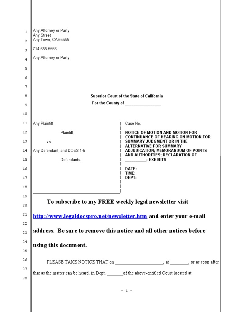 Sample Motion For Continuance of Summary Judgment Hearing in California Download Free PDF