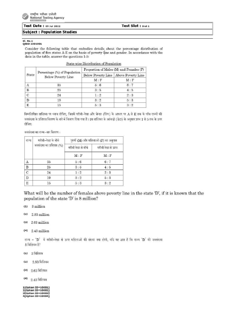 UGC NET Population Studies 2022 Shift 1 7 August | PDF