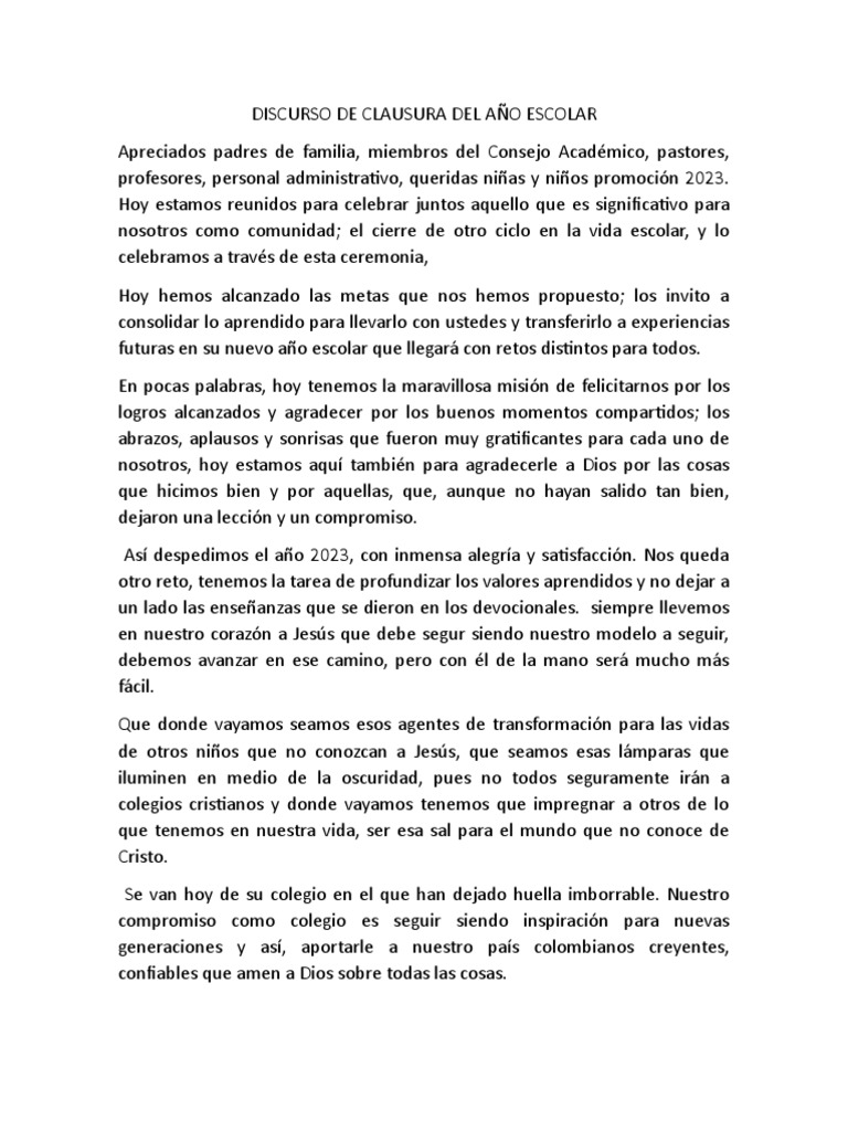 Discurso de Clausura Escolar 2023 | PDF