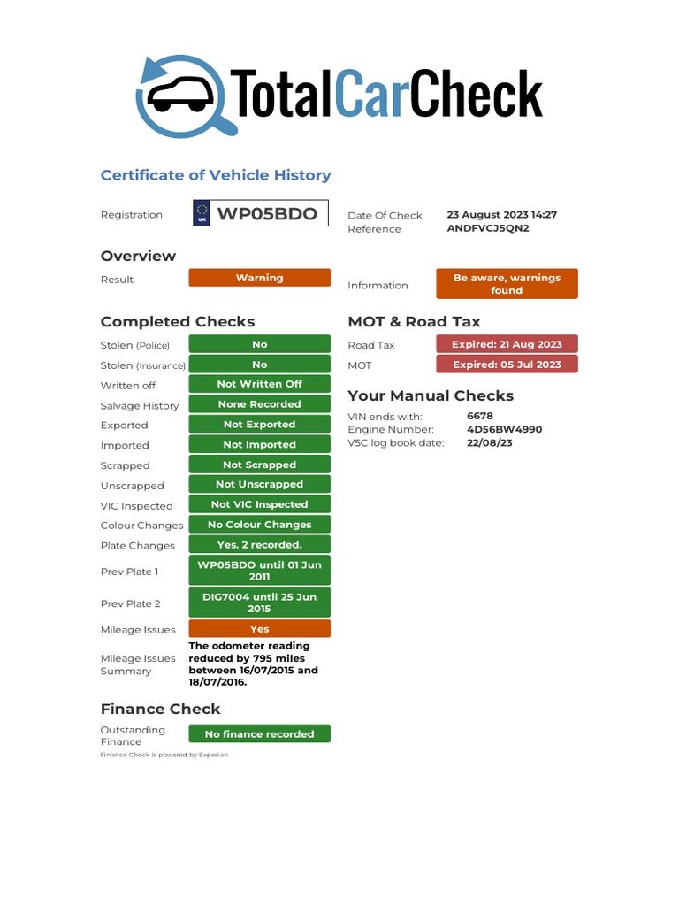 Vehicle MOT Check Summary | PDF | Motor Vehicle | Manufactured Goods