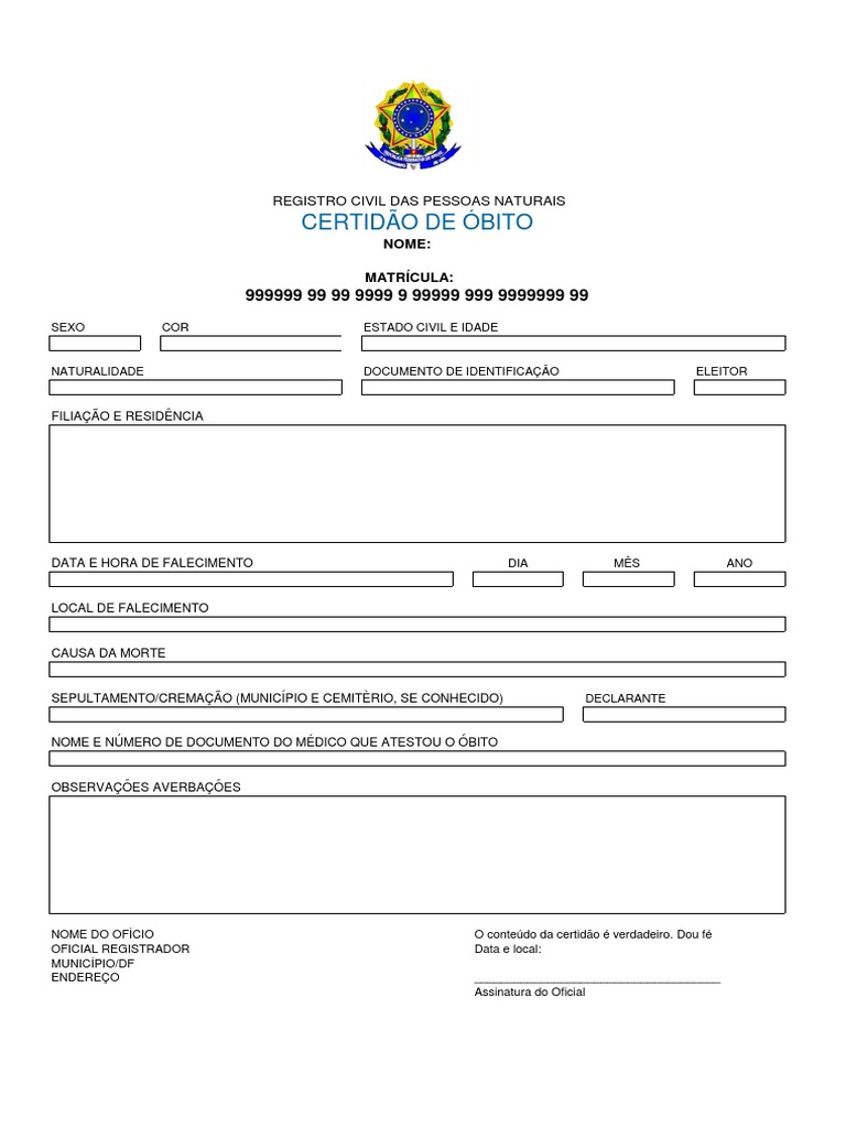 Modelo Certidao De Obito Pdf