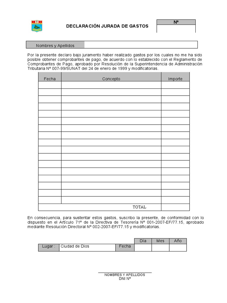 Modelo de Declaración Jurada de Gastos | PDF | Finanzas y dinero