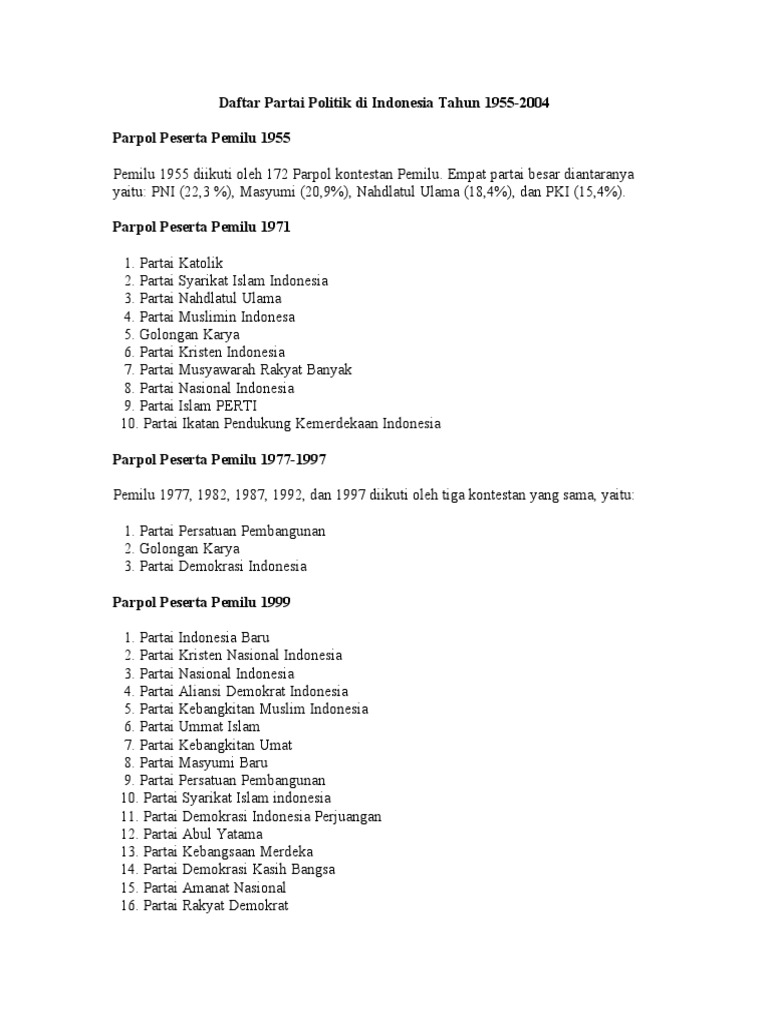 Daftar Partai Politik Di Indonesia Tahun 1955 | PDF