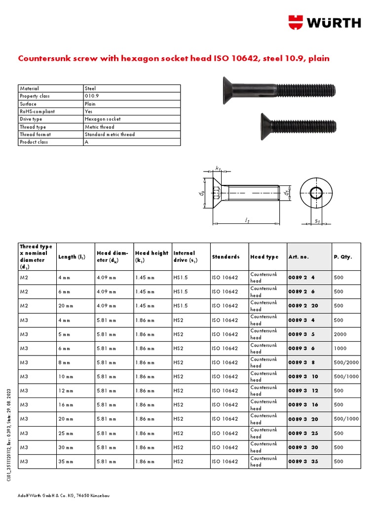 Countersunk Screw With Hexagon Socket Head ISO 10642 Steel 10.9 PDF Screw Manufactured Goods