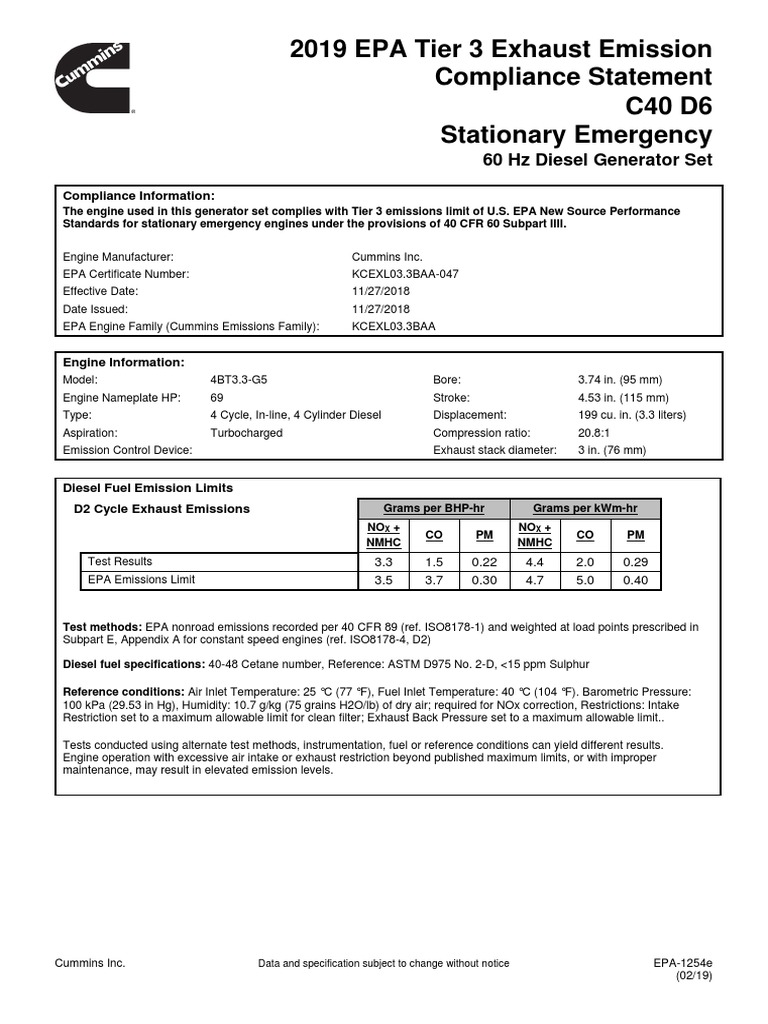EPA Tier 3 Compliance for Cummins Generator | PDF | Diesel Engine | Engines