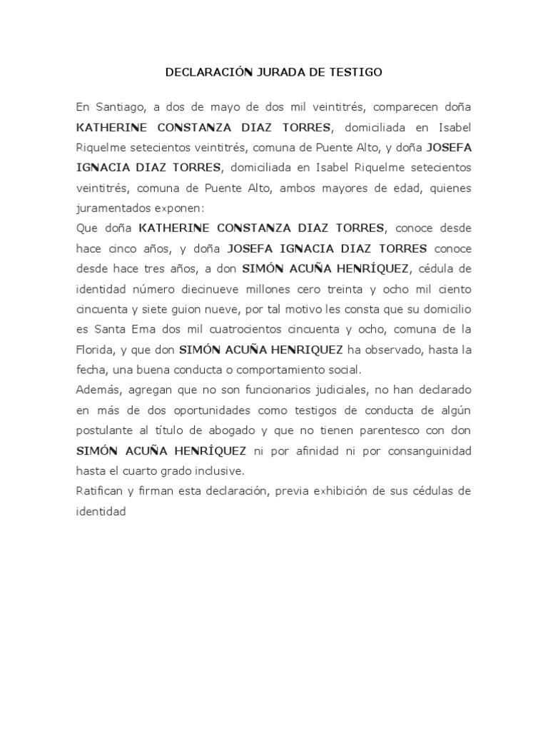DECLARACIÓN JURADA DE TESTIGO PARA JURAMENTO | PDF
