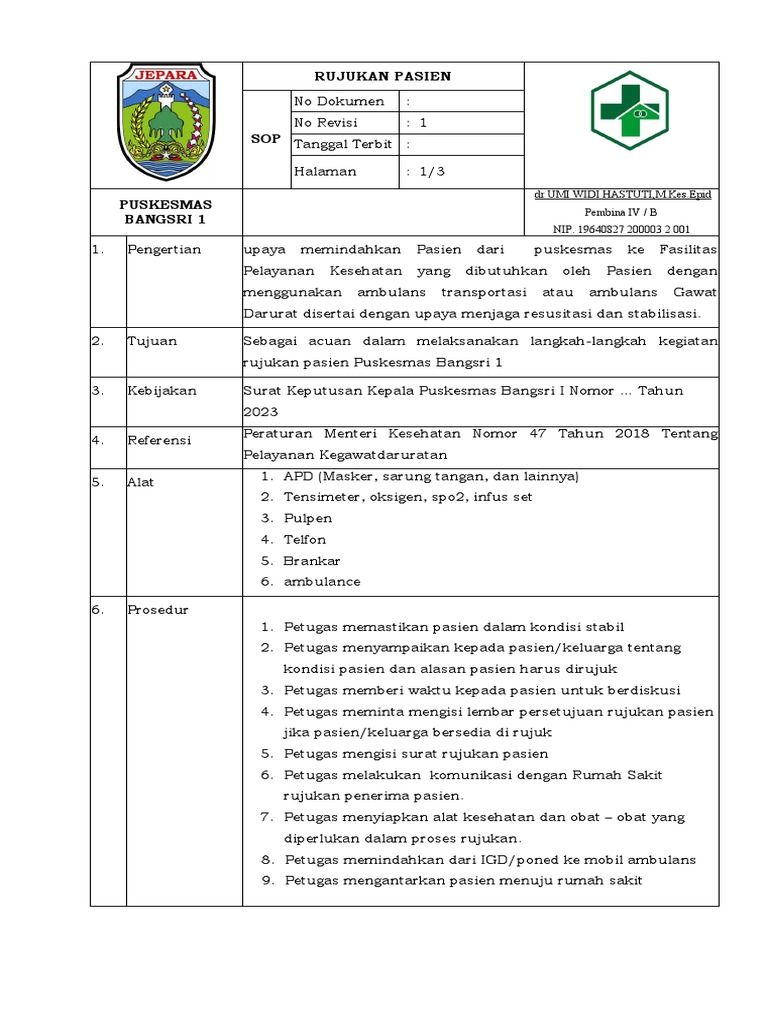 SOP Rujukan Pasien Puskesmas Bangsri 1 | PDF