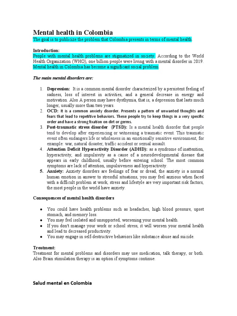 Mental Health in Colombia | PDF | Anxiety Disorder | Attention Deficit