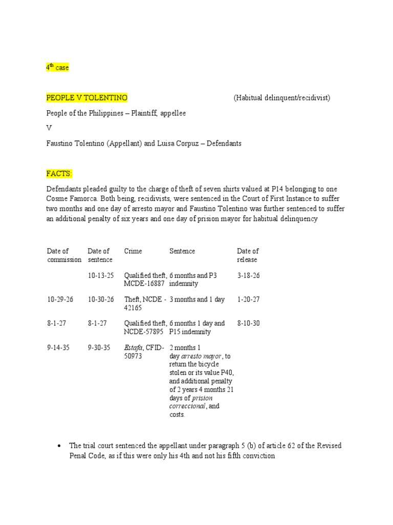 People V Tolentino (Habitual Delinquent and Recidivist) | PDF | Public ...