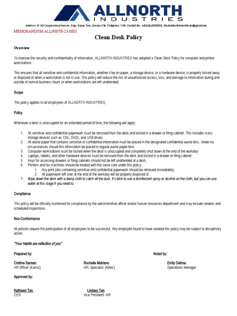 Clean Desk Policy PDF Computer Hardware Desk