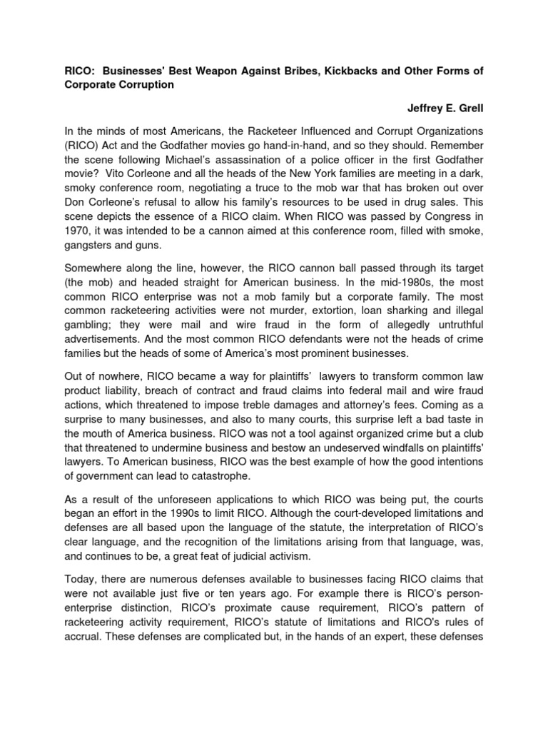 RICO Businesses Best Weapon Against Bribes Kickbacks and Other Forms of Corporate Corruption