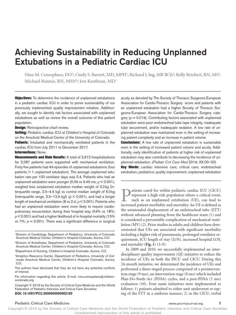 Achieving Sustainability in Reducing Unplanned Extubations in PICU ...