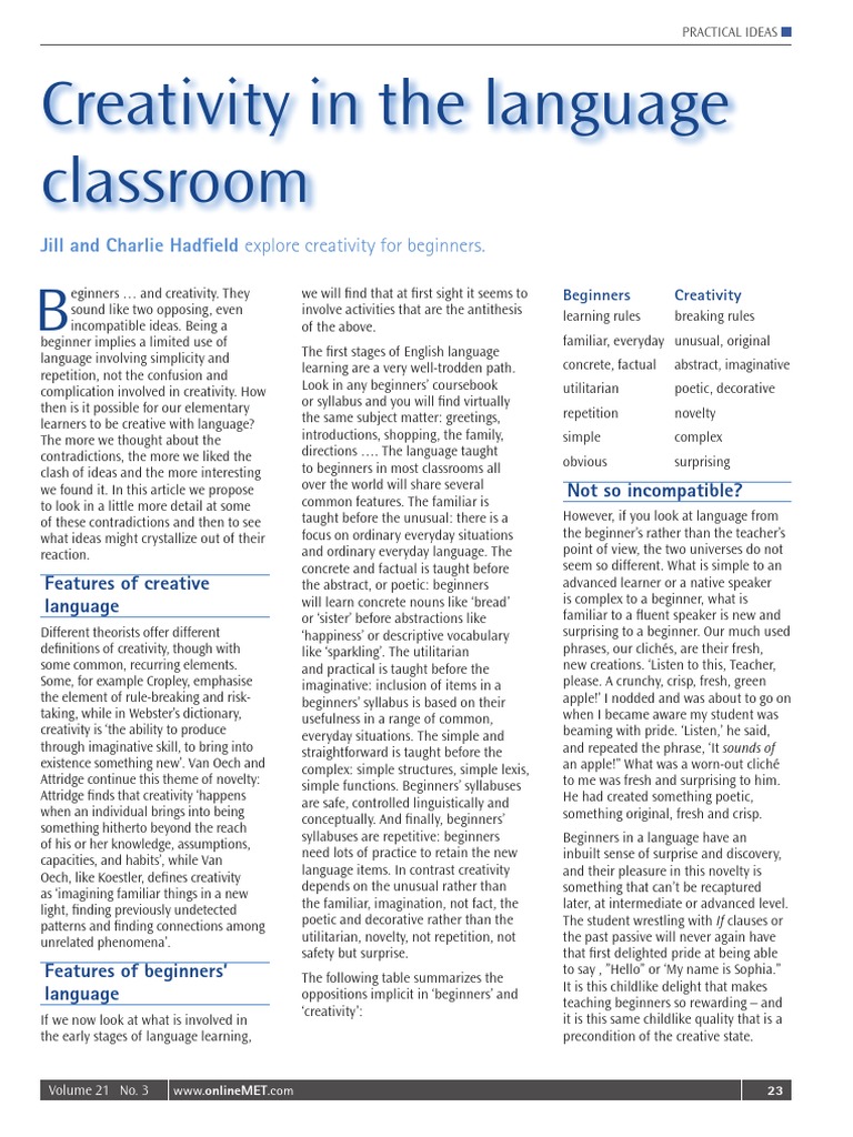 Hadfield - Creativity in The Language Classroom - Creativity For ...
