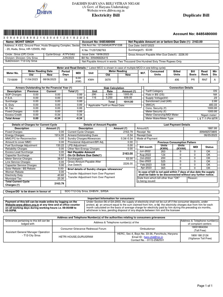 Electricity bill duplicate bill pdf electricity electric power