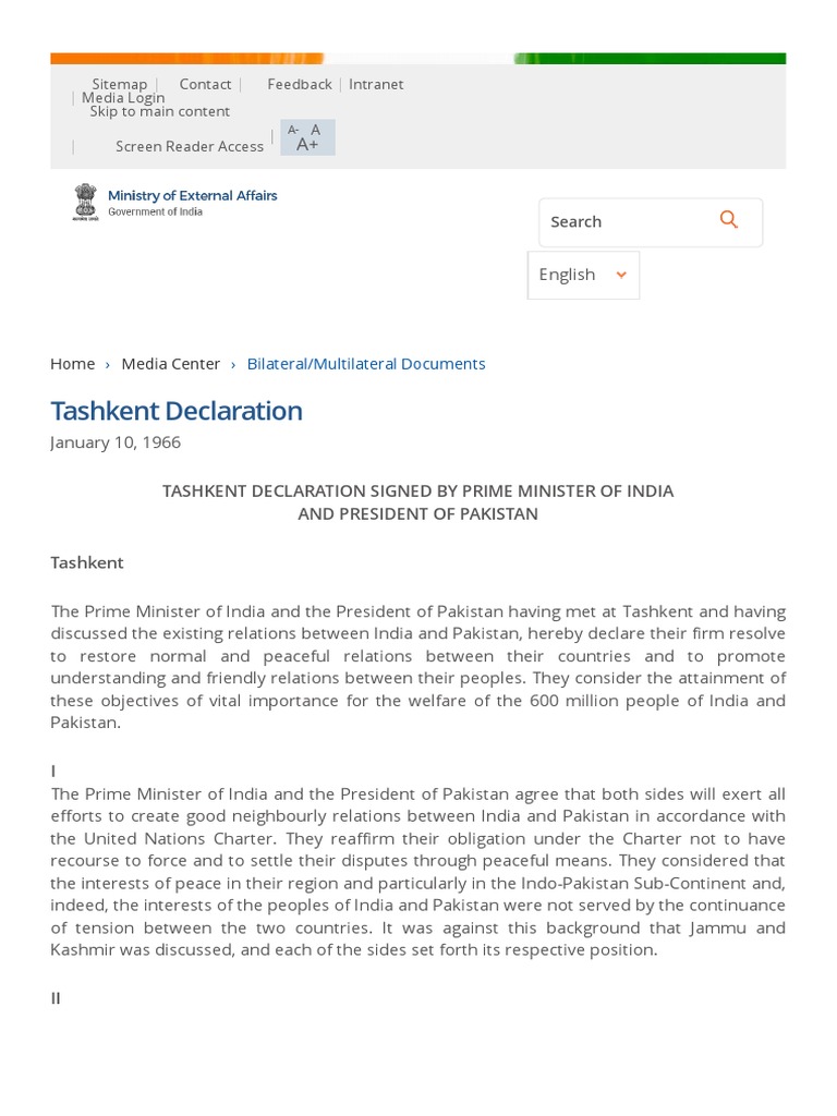 Tashkent Declaration PDF IndiaPakistan Relations Pakistan