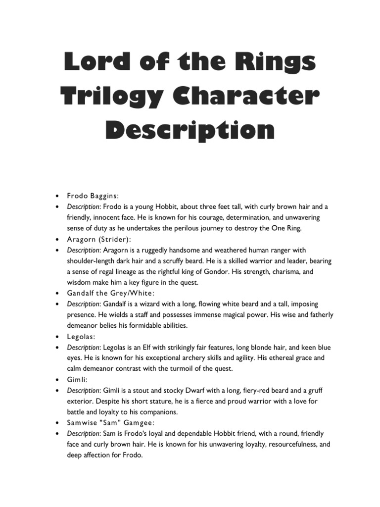 The Lord of The Rings Character Description PDF Middle Earth J. R