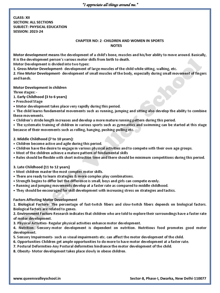Class 12 Physical Education Ch 2 Childern And Women In Sports