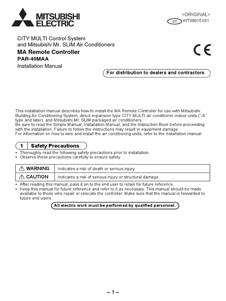 Mitsubishi Electric PAR40MAA Installation Manual Eng Download Free