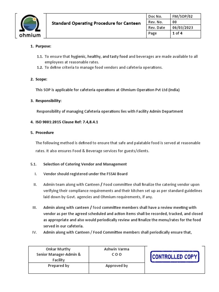 Canteen Standard Operating Procedure | PDF | Cafeteria | Hygiene