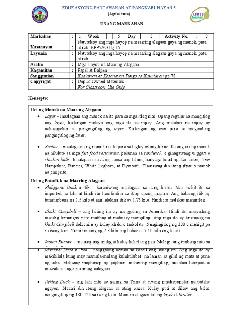 Epp5 Ag Q1 Las WK5 D2 | PDF