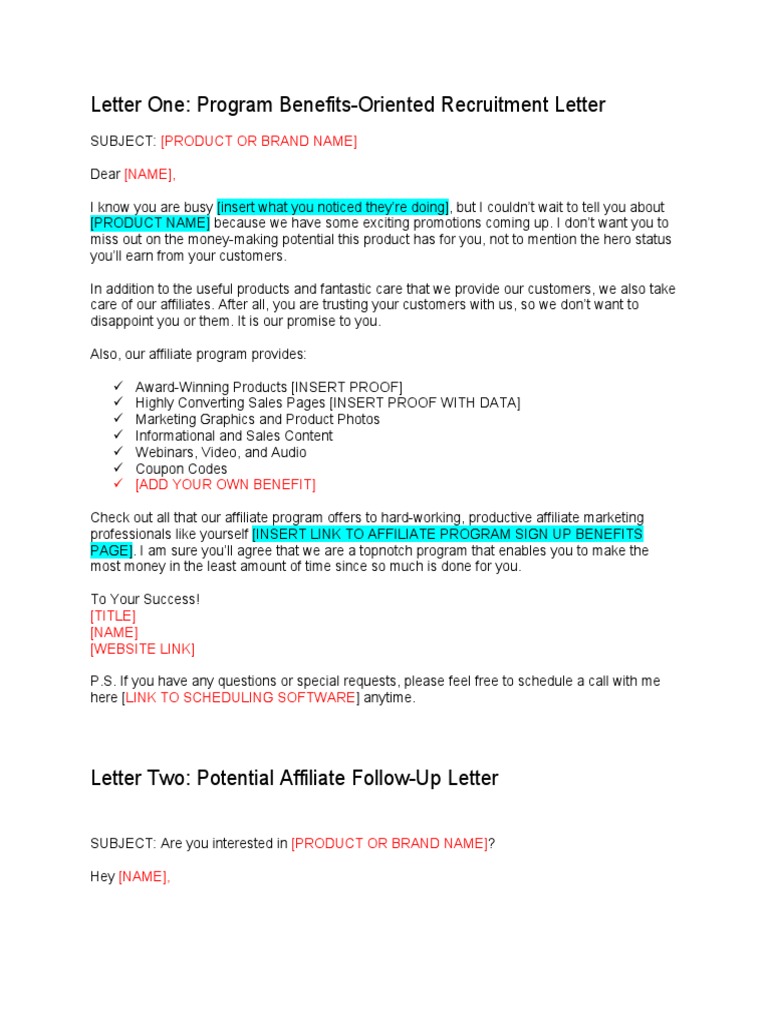 Affiliate Recruitment Letter Follow Up Templates PDF