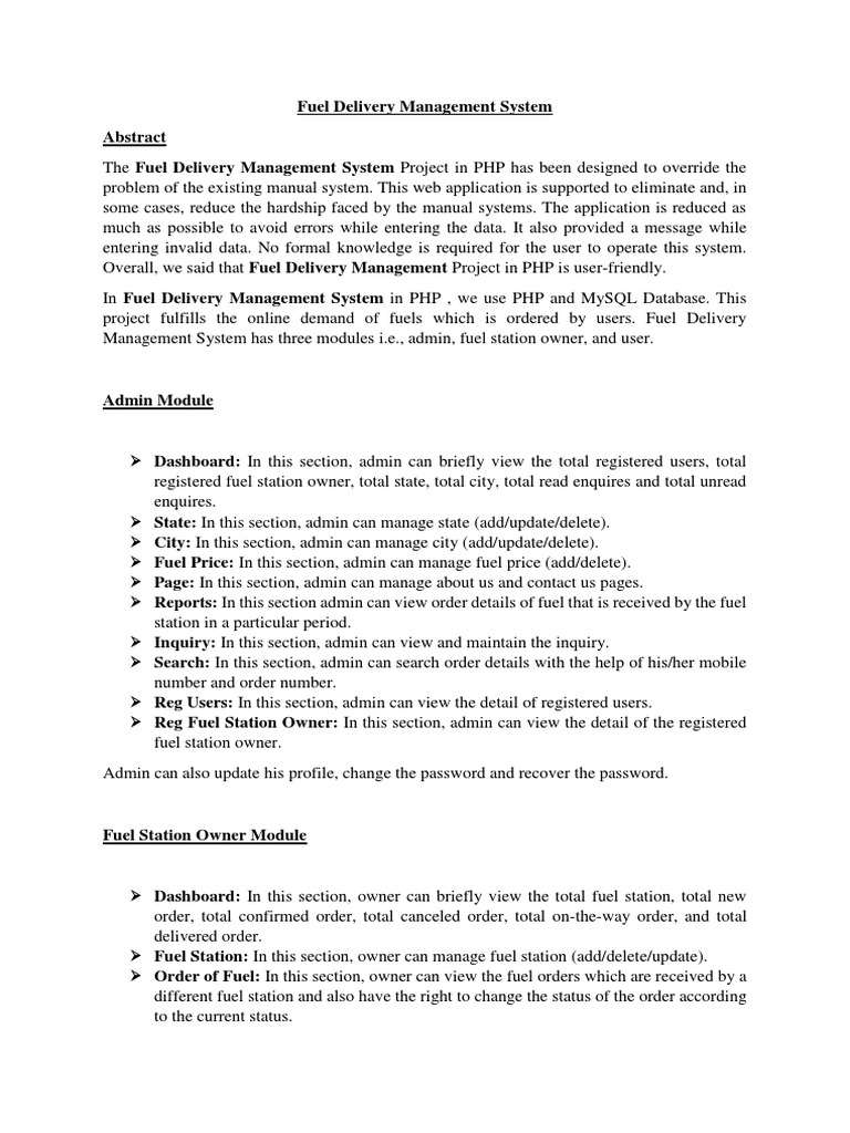 Fuel Delivery Management System PDF Php Information Science