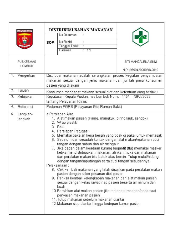 SOP Distribusi Makanan Puskesmas | PDF