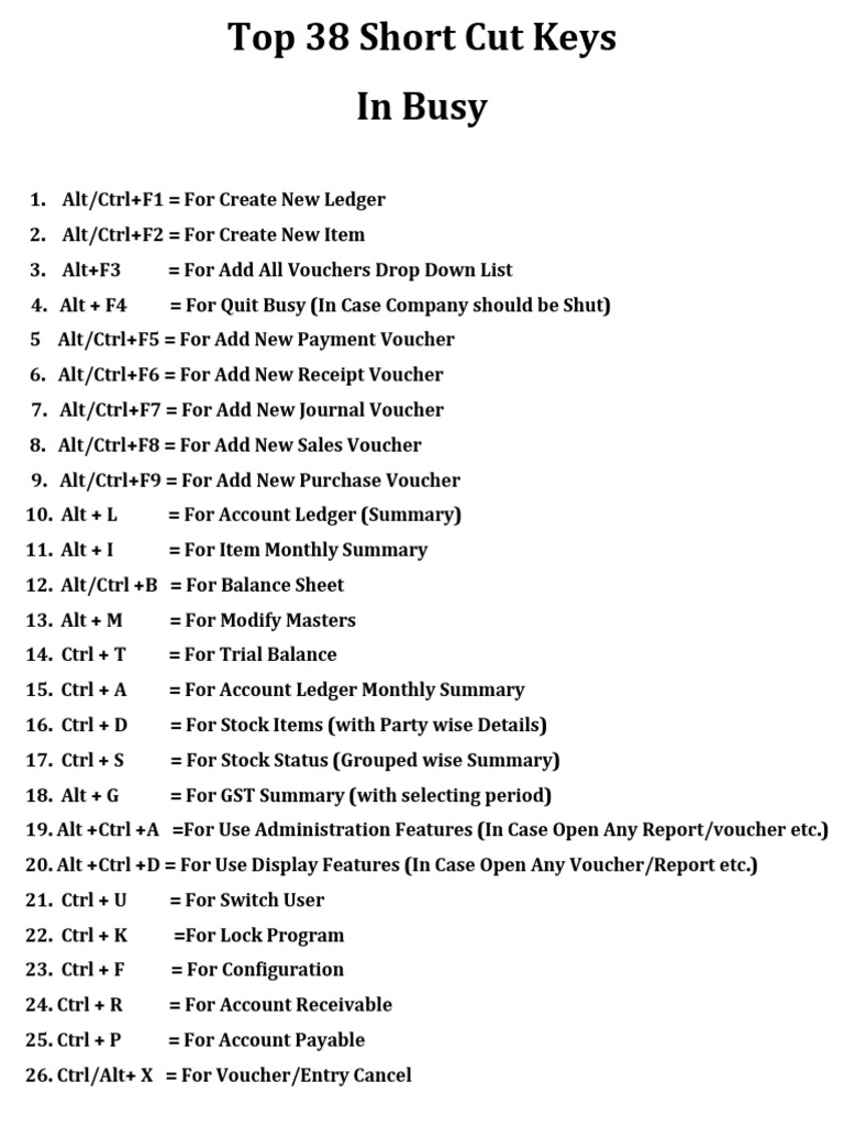 Busy Software Shortcut Key Guide | PDF | Finance & Money Management