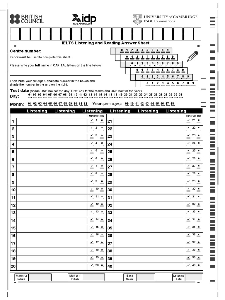 IELTS Listening and Reading Answer Sheet | PDF | International English ...