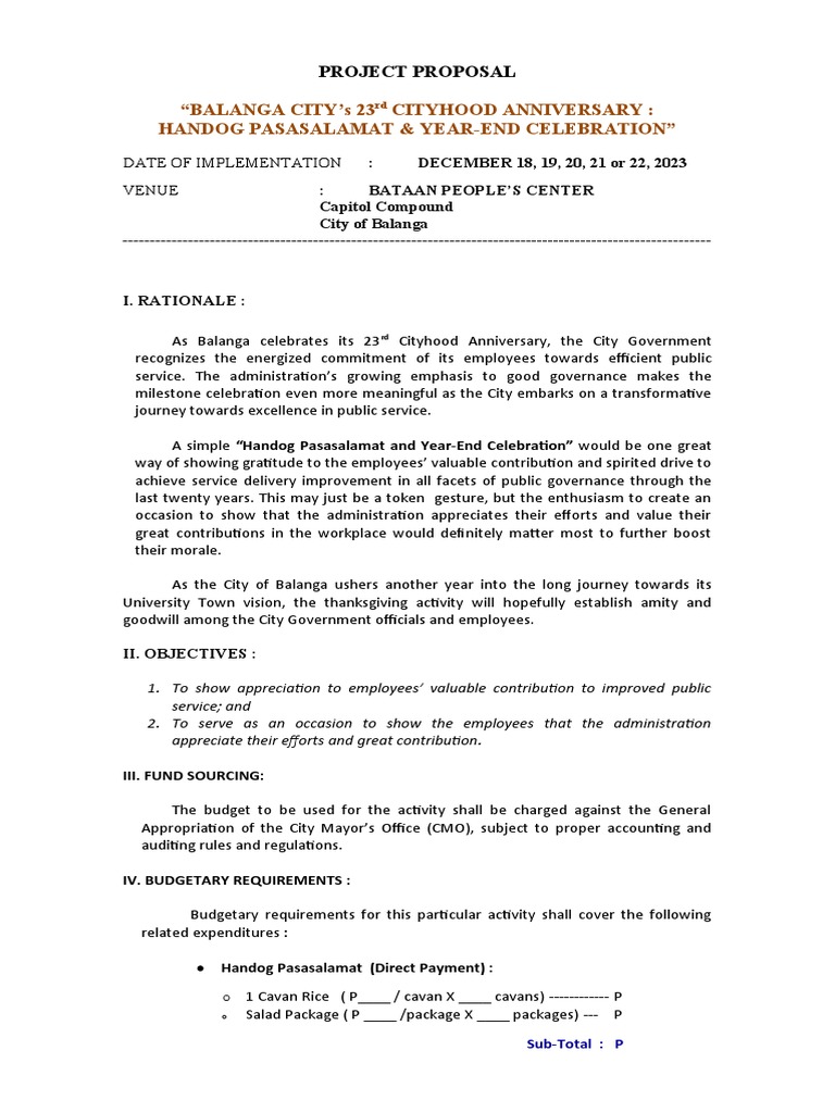 Draft Project Proposal Handog Pasasalamat Cob Christmas Party | PDF ...
