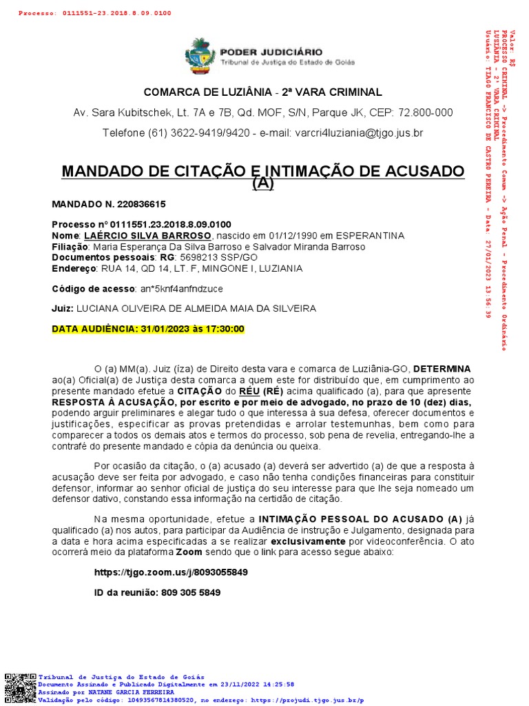 Mandado de Citação e Intimação Criminal | PDF | Citação (jurídico) | Réu