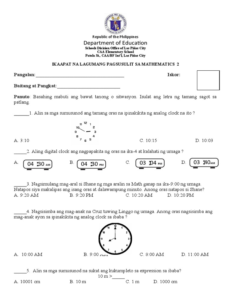 Math 4TH Quarter Exam 1 PDF