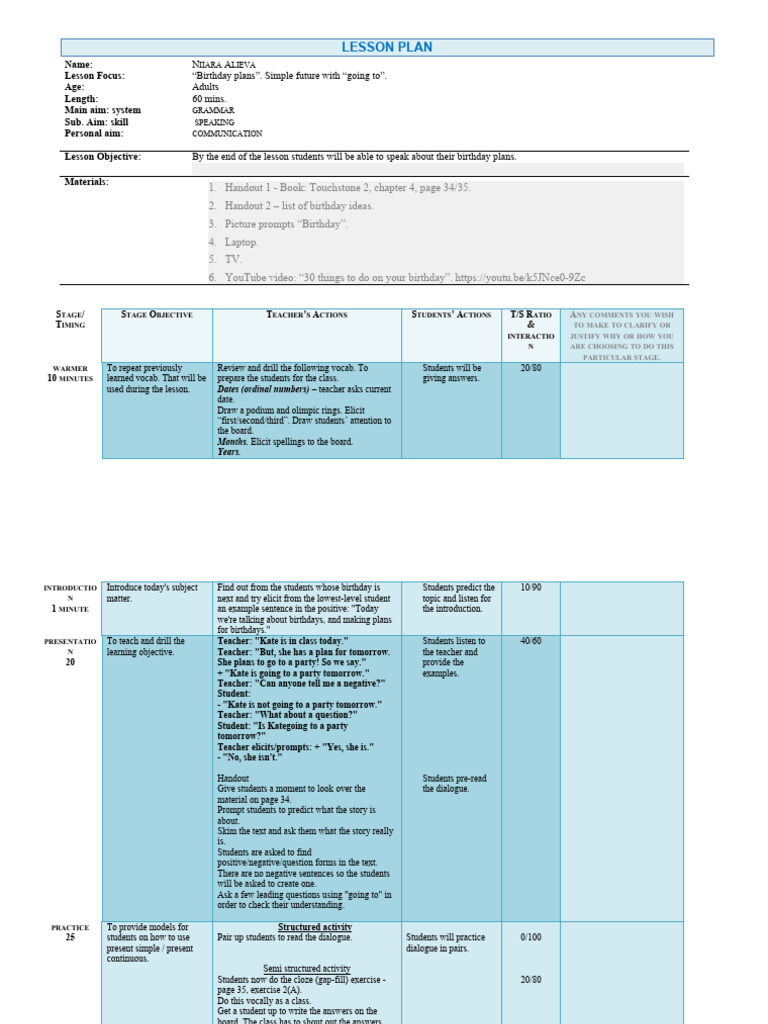 Lesson Plan Going To / Birthday Plans | PDF | Lesson Plan | Behavior ...